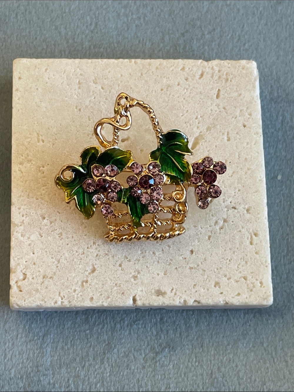 Anthropologie Gold Basket Brooch with Pink Crystals and Green Enamel Leaves